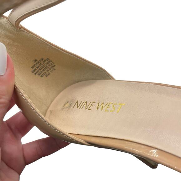 Nine West 10 Strappy Heels Nude Faux Patent Ankle Strap Stiletto Open Toe - Picture 2 of 10